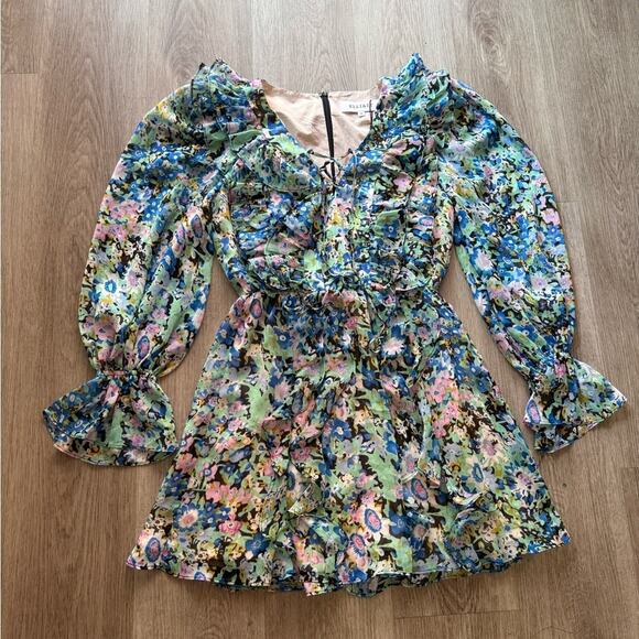 elliatt milani green & blue floral ruffle long sleeve mini summer dress small - Picture 6 of 8